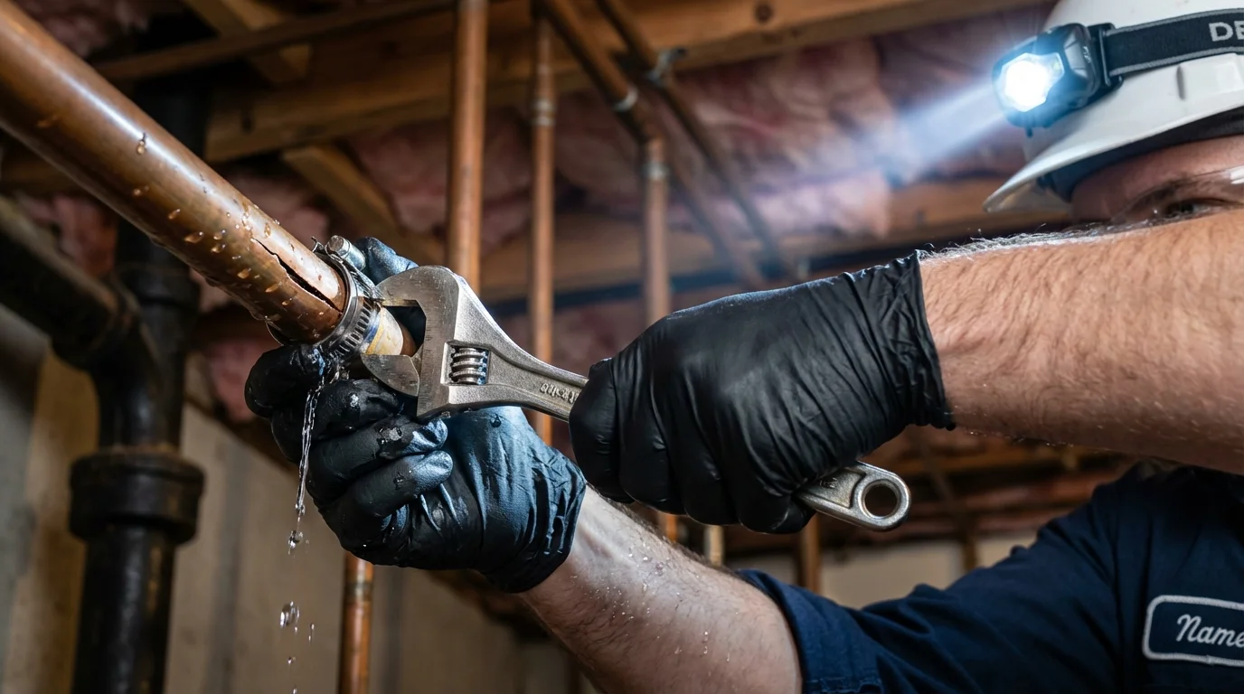 Emergency pipe clamp repair being performed by a Johns Plumbing LLC plumber in Santa Fe