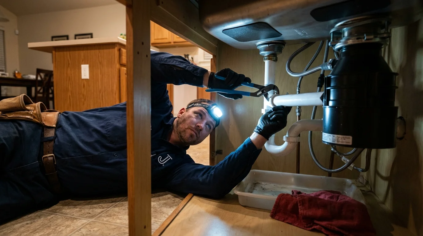 P-trap and supply line connections under a kitchen sink showing a common leak point in Santa Fe, NM